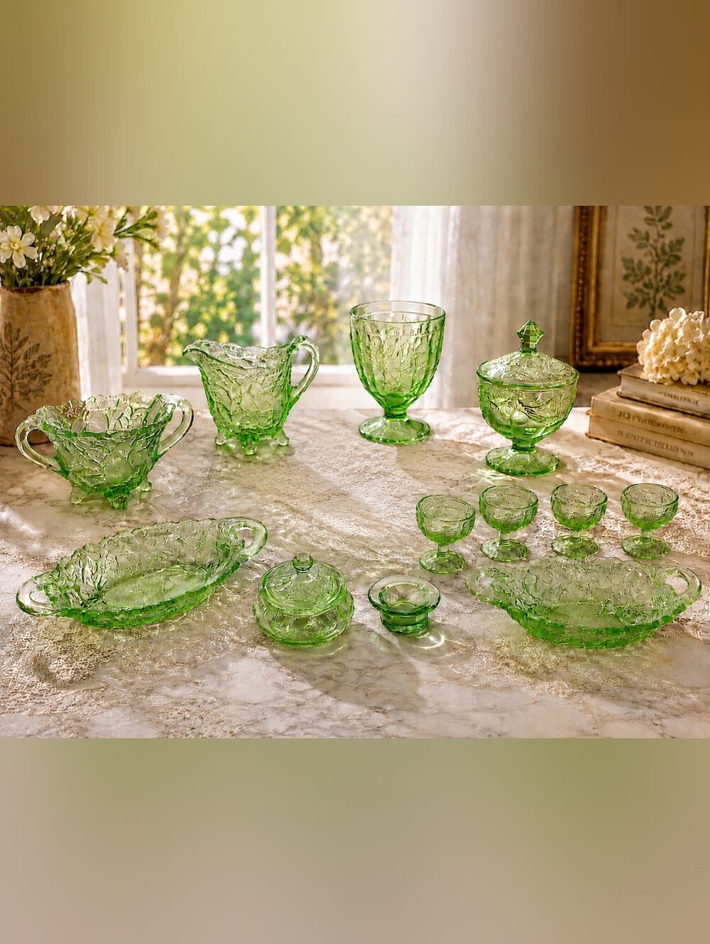 Vintage Green Depression Glass 14 Pc Lot – Covered Candy Dish, Creamer, Sugar...